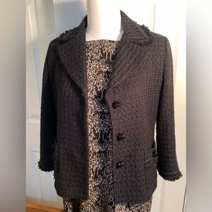 Black Boucle Talbots Tweed Jacket Luxury Piped Frayed Bracelet 3/4 Sleeve